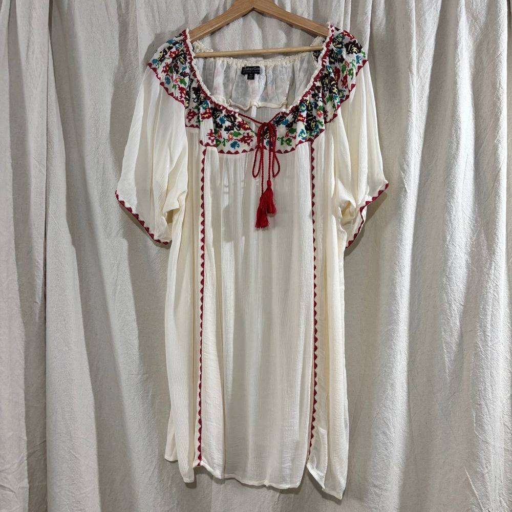 Greater Good 4X Boho Embroidered Tunic Mini Dress Ivory Rayon Tassel Gauze India